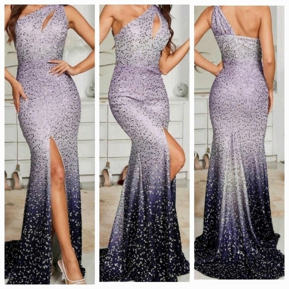 Purple, Colorblock,Ombre,Assymmetrical Neck, Sleeveless, Contrast Sequined Gown - Picture 2 of 16